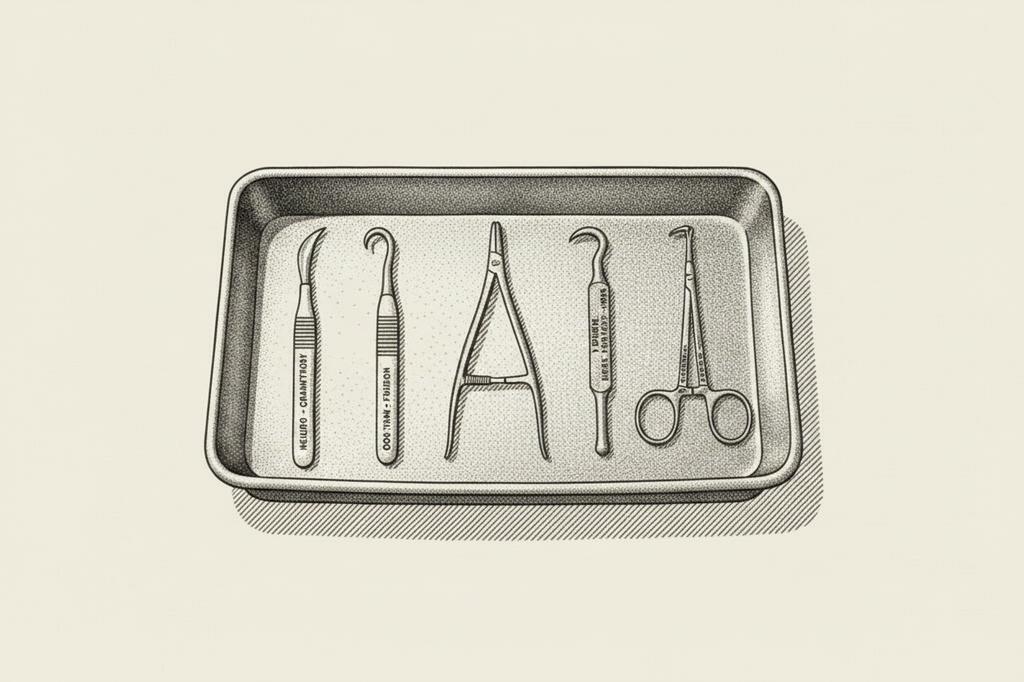 Stipple illustration of specialty surgical instruments laid out in precise arrangement on a steel tray, each engraved with fine detail, evoking UVA Health GSI specialty deeming and procedural identity at claim time.