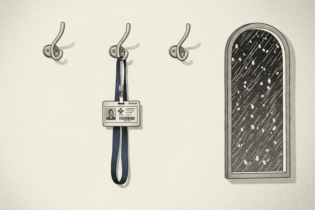 Stipple illustration of a single hospital ID badge on a lanyard hanging from one of three wall hooks, snow falling through a window beside it, evoking the UW Health GSI Severe Disability Rider and catastrophic outcomes at Wisconsin's Level I trauma center.
