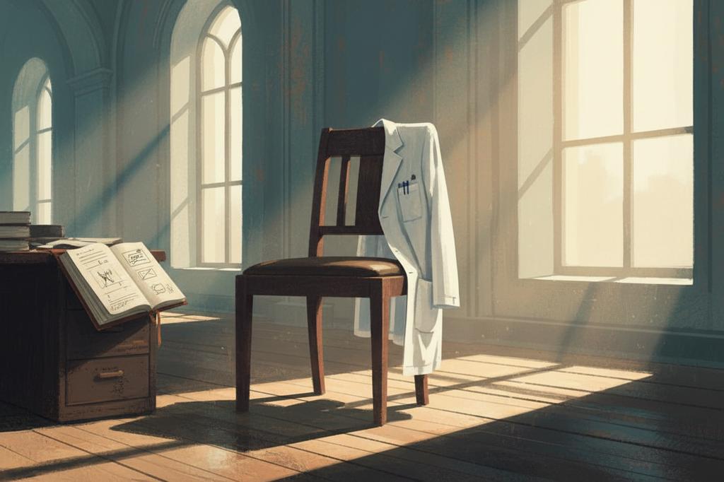 Painterly illustration of a folded white coat draped over a wooden chair in a sunlit university research office, evoking the UWSMPH GSI occupational rehabilitation rider that funds the pivot from clinical practice to research.
