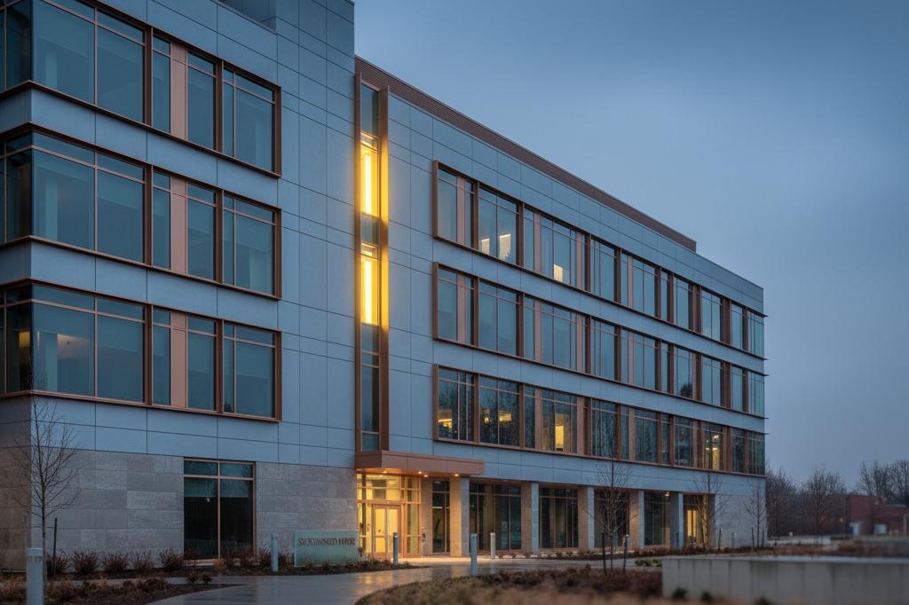Photograph of an academic cancer center building exterior at dusk with one lit upper-floor window, evoking the Wilmot Cancer GSI Serious Illness Supplemental Rider that pays Rochester residents 50% extra during cancer disability.