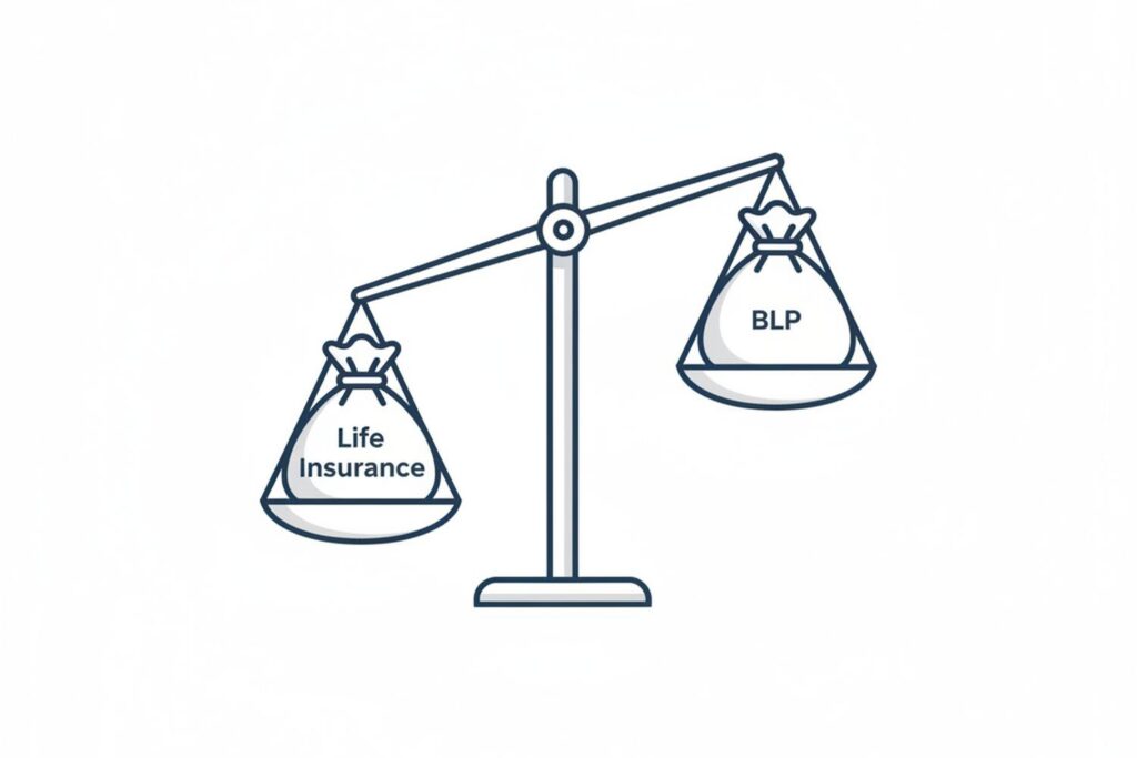 Conceptual editorial illustration of a balance scale with two money bags labeled Life Insurance and BLP, illustrating the trade-off between term life and business loan disability insurance as loan collateral.