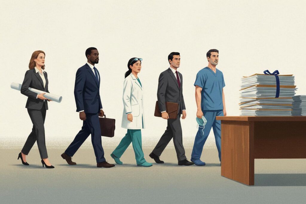 A painterly editorial illustration of five independent professionals walking left to right across the frame toward a desk holding a tall stack of bound policy documents at the right edge. From left, a white woman architect carrying rolled blueprints, a Black man business consultant with a leather briefcase, an Asian woman dentist in a white clinical jacket with dental loupes on her head, a Latino man attorney with a leather portfolio, and a white man surgeon in blue scrubs holding a surgical mask. The professionals' expressions are determined and matter-of-fact.