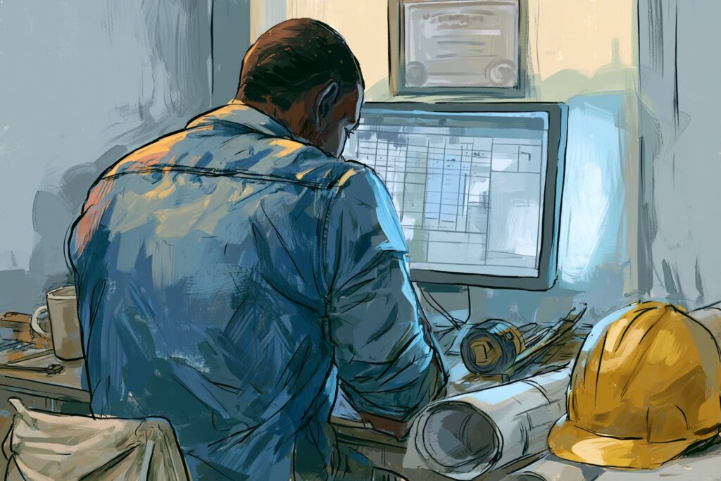 Painterly editorial illustration of a Black male residential contractor in a building office reviewing a project-budget spreadsheet on his computer, with a yellow hard hat, rolled blueprints, and tools on the desk.