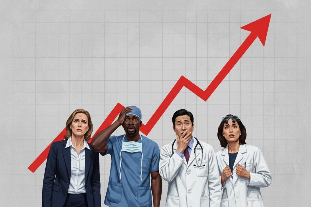 A painterly editorial illustration of four business owners, a white woman executive in a navy blazer, a Black man surgeon in blue scrubs and a surgical cap, an Asian man physician in a white coat with a stethoscope, and a Latina woman dentist in a white coat with dental loupes resting on her head, standing under a bright red chart line that rises sharply from the lower left to the upper right, looking up at it with expressions of fear and disappointment.