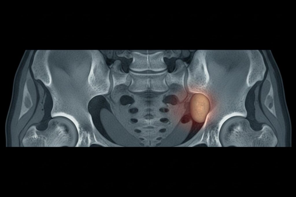MRI imaging scan of the lumbar spine and pelvis showing a visible injury, illustrating the back injury that triggers an SBA borrower's BLP claim.