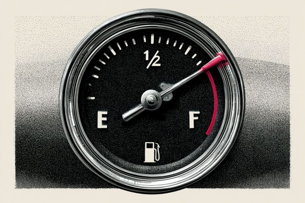 Wall Street Journal hedcut stipple illustration of an analog automotive fuel gauge with the needle pinned past the Full mark, illustrating SEP-IRA and solo 401(k) contribution capacity that cannot be exceeded and cannot be funded from disability benefits.