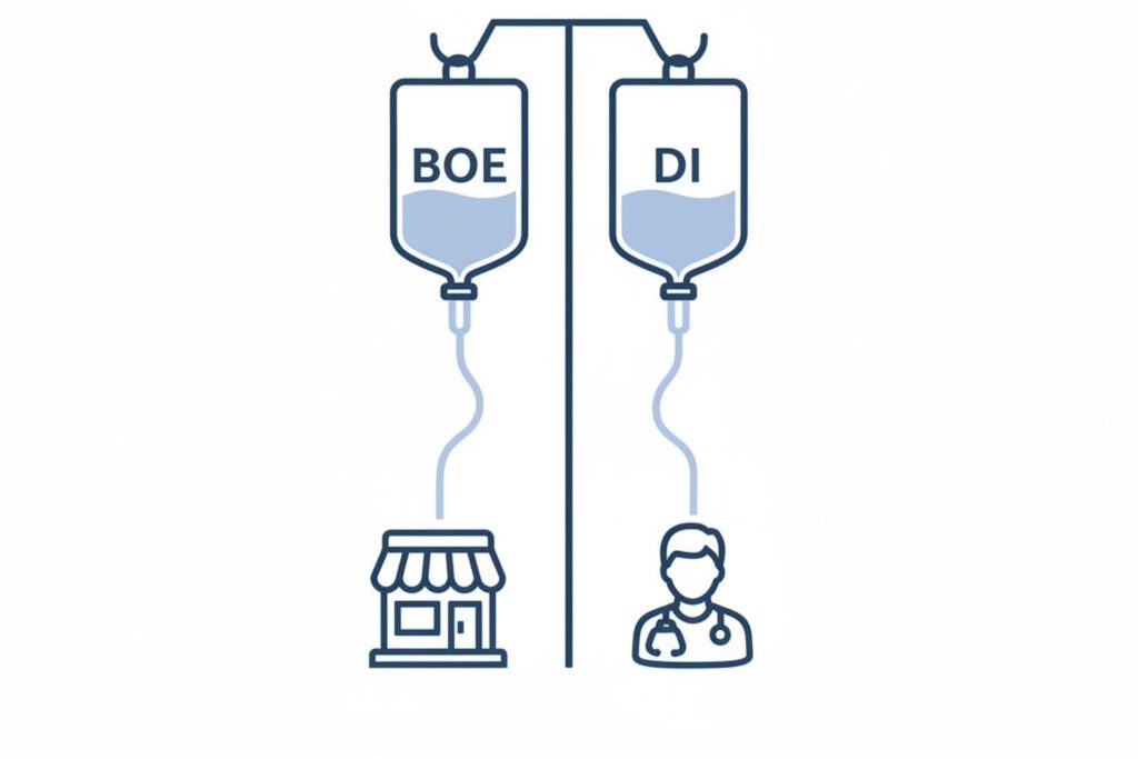 Conceptual editorial illustration of two IV bags labeled BOE and DI feeding into outline icons of a business and a veterinarian, illustrating two policies paying separately on one disability event.