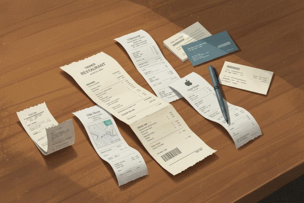 Painterly editorial still life of scattered paper receipts on a wooden desk, including a restaurant check, rideshare receipts, an Apple Store receipt, and business cards, illustrating the documentation a self-employed buyer presents to a disability insurance underwriter.