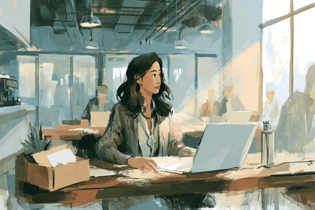 Painterly editorial illustration of an East Asian woman in her late thirties seated at a hot desk in a WeWork-style coworking space with a file box, laptop, and water bottle, illustrating the transition from W-2 employment to 1099 contract work.