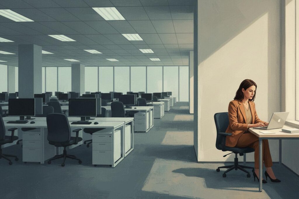 A painterly editorial illustration of an open-plan office with rows of empty desks, empty chairs, and blank computer monitors filling the left two-thirds of the frame, lit by cool overhead fluorescent light. On the right one-third, separated by an architectural wall, a business owner woman in her 40s wearing a warm amber blazer sits at her own separate desk by a window, focused on her laptop in warmer natural light. The empty office signals shrinking employer-sponsored disability coverage; the owner outside that boundary signals self-reliant individual coverage.