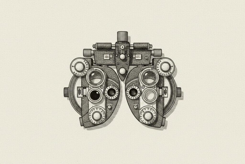 Black and white stipple engraving of an ophthalmologist's phoropter with one lens blacked out, illustrating a disability insurance exclusion rider