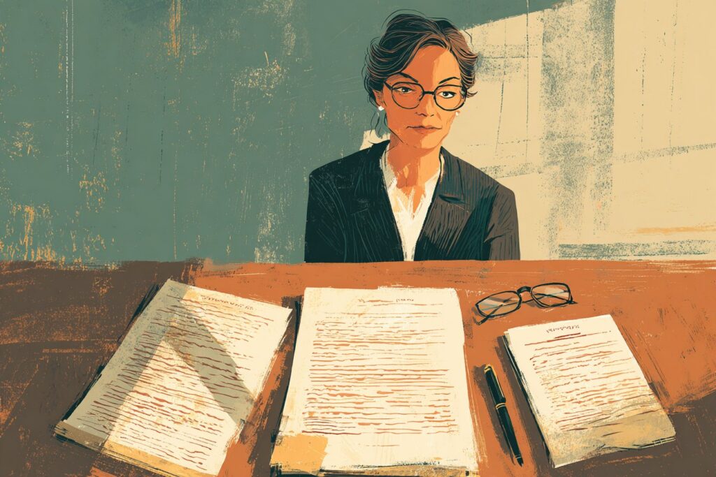 Jamie Fleischner, disability insurance specialist and host of the Income Protection Journal Podcast, compares an employer group long-term disability plan against an individual policy at her desk, reading the any-occupation definition and benefit period that decide what supplemental coverage is worth to a high-earning professional.