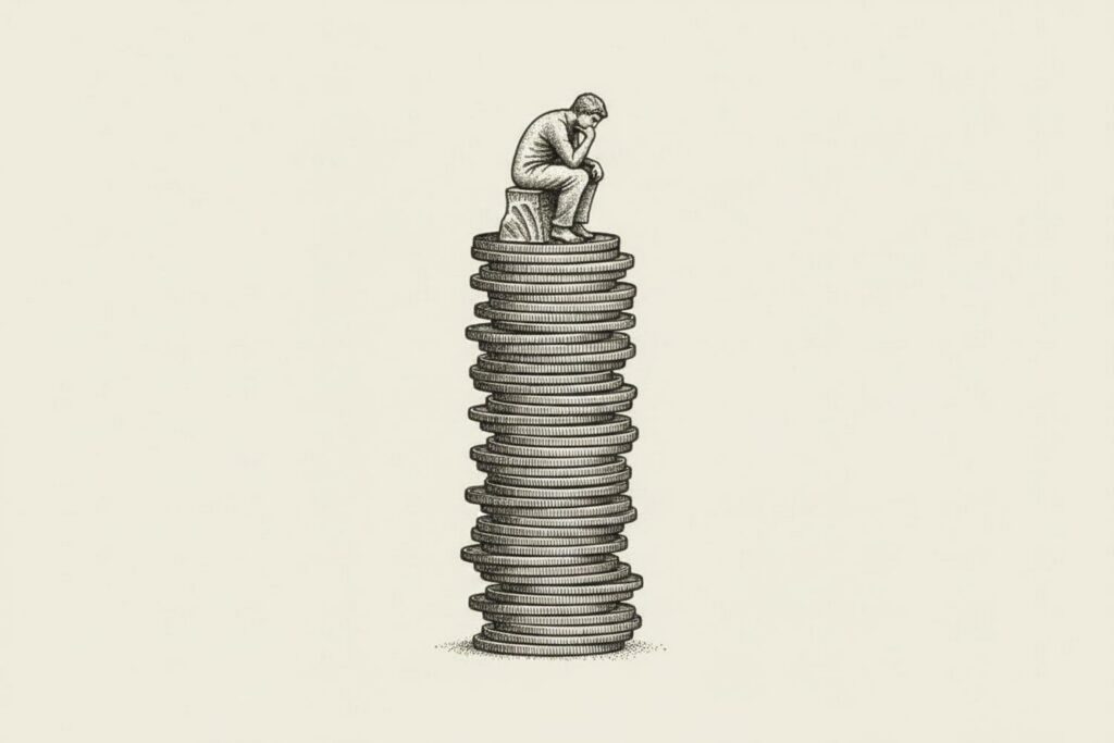 A stipple illustration of a small, slumped figure seated in the pose of Rodin's Thinker atop a tall stack of pennies, feet unable to reach the ground, symbolizing a disability benefit that looks substantial but is measured in the wrong denomination.