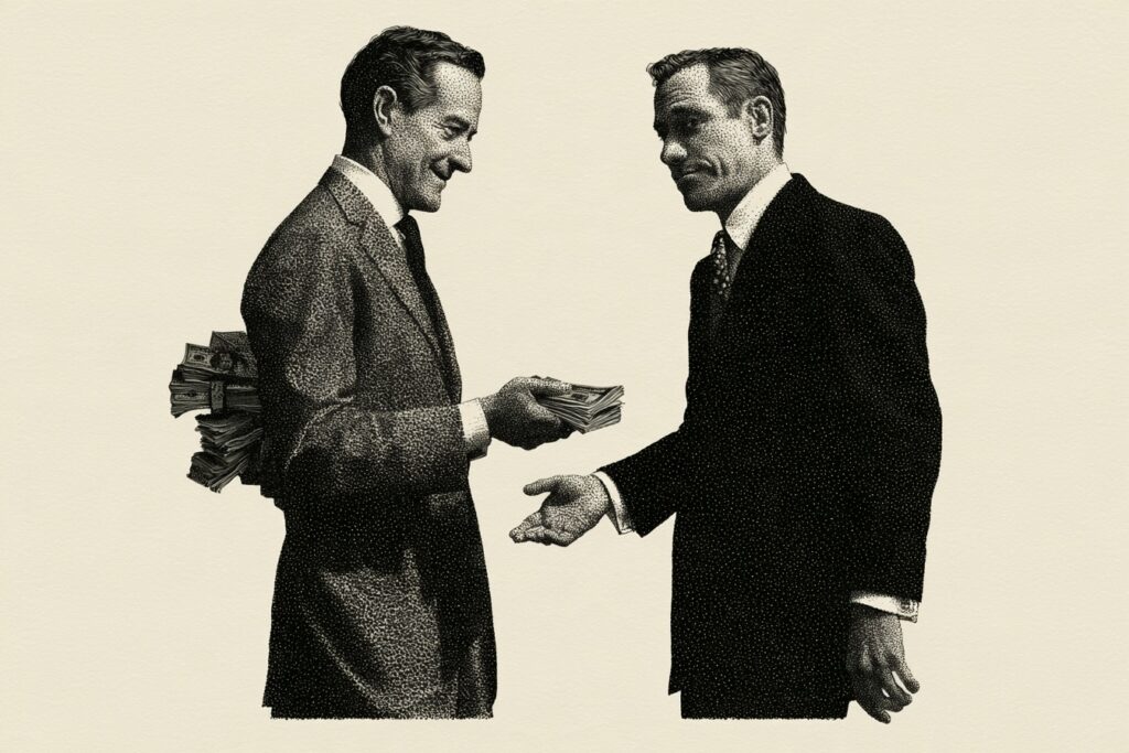 Two men in a payment exchange, one concealing extra bonus pay from disability insurance coverage.