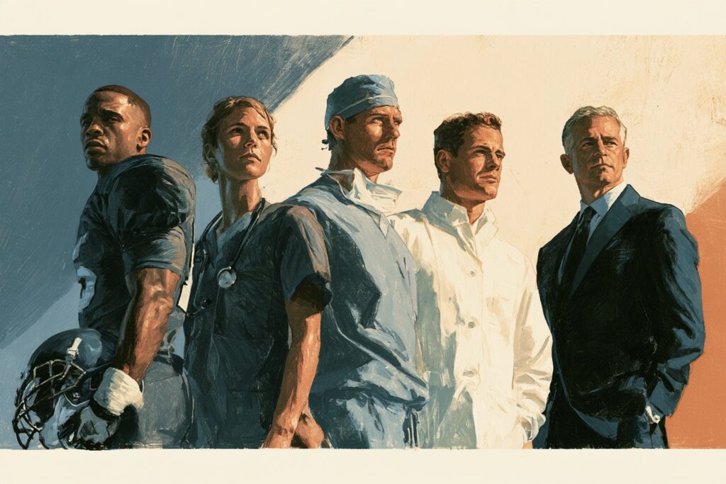 A football player, a veterinarian, a surgeon, a dentist and an investment banker stand side by side, representing the range of occupation classes that set a different disability insurance premium for identical coverage.