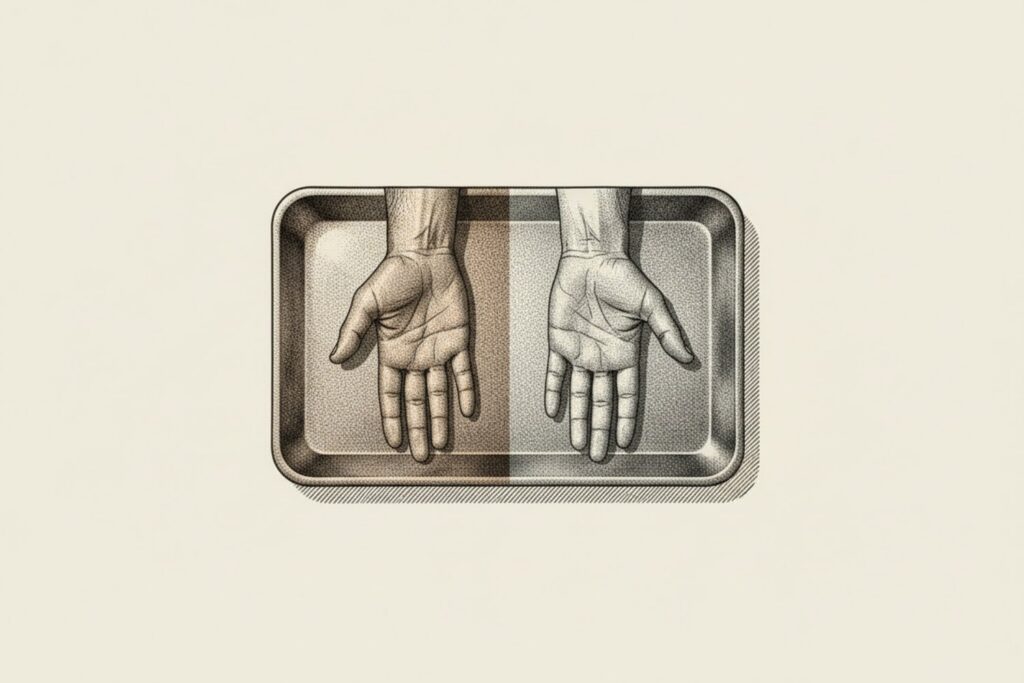 A surgeon's hands resting on a stainless steel tray, one half lit warm and the other lit cool, in a stipple editorial illustration about two disability insurance contracts reaching different verdicts on the same claim.