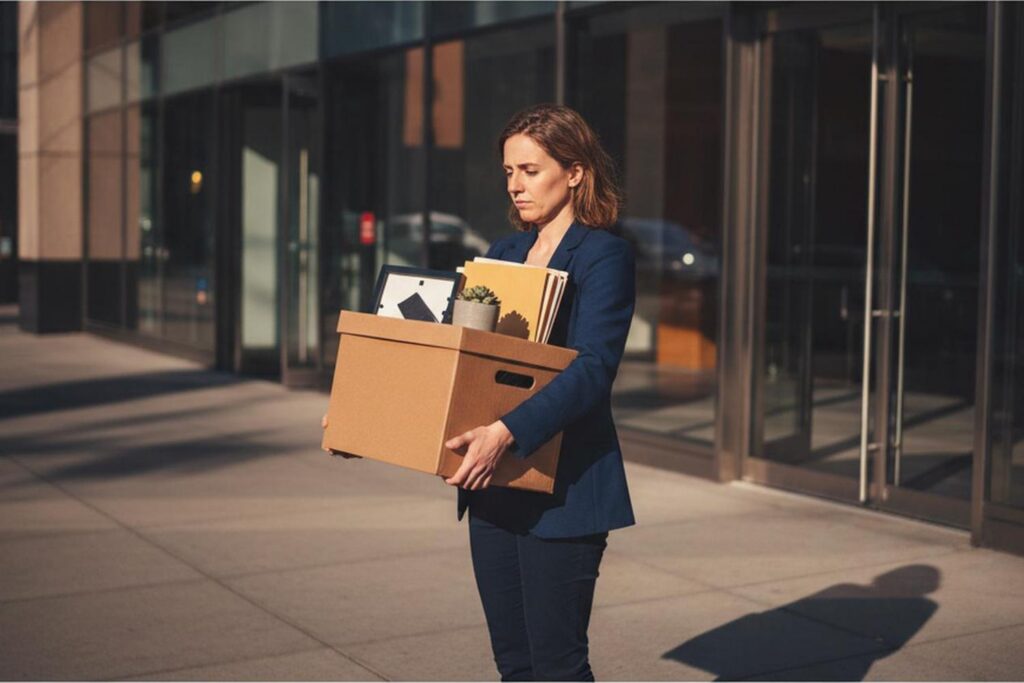 A photorealistic scene of a disheveled, unwell-looking professional woman carrying a cardboard box of personal belongings out of a law firm's office building, symbolizing a career interrupted by disability.