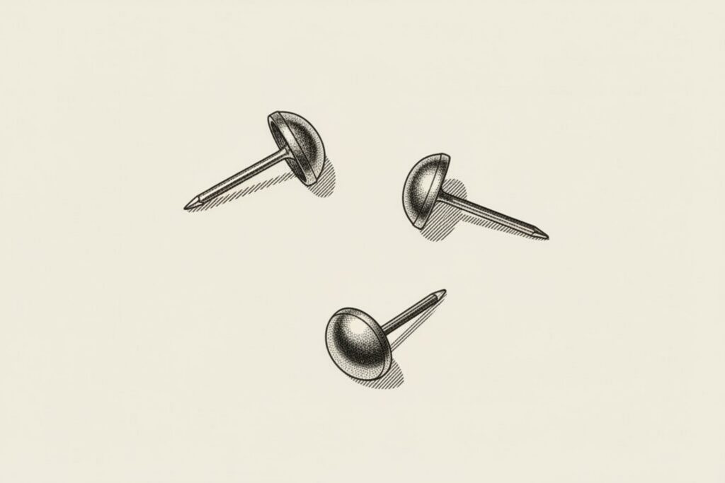 Three brass upholstery tacks lying at different angles on a bare cream surface, in a stipple editorial illustration about cutting past a benefits summary to the instrument that actually governs a disability claim.