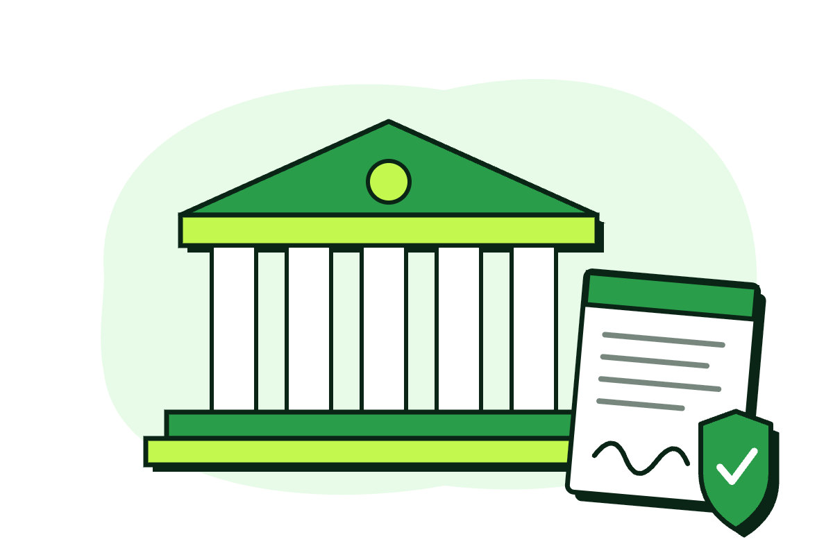 Illustration of a bank building with a loan agreement and a shield with a checkmark, representing business loan protection disability insurance