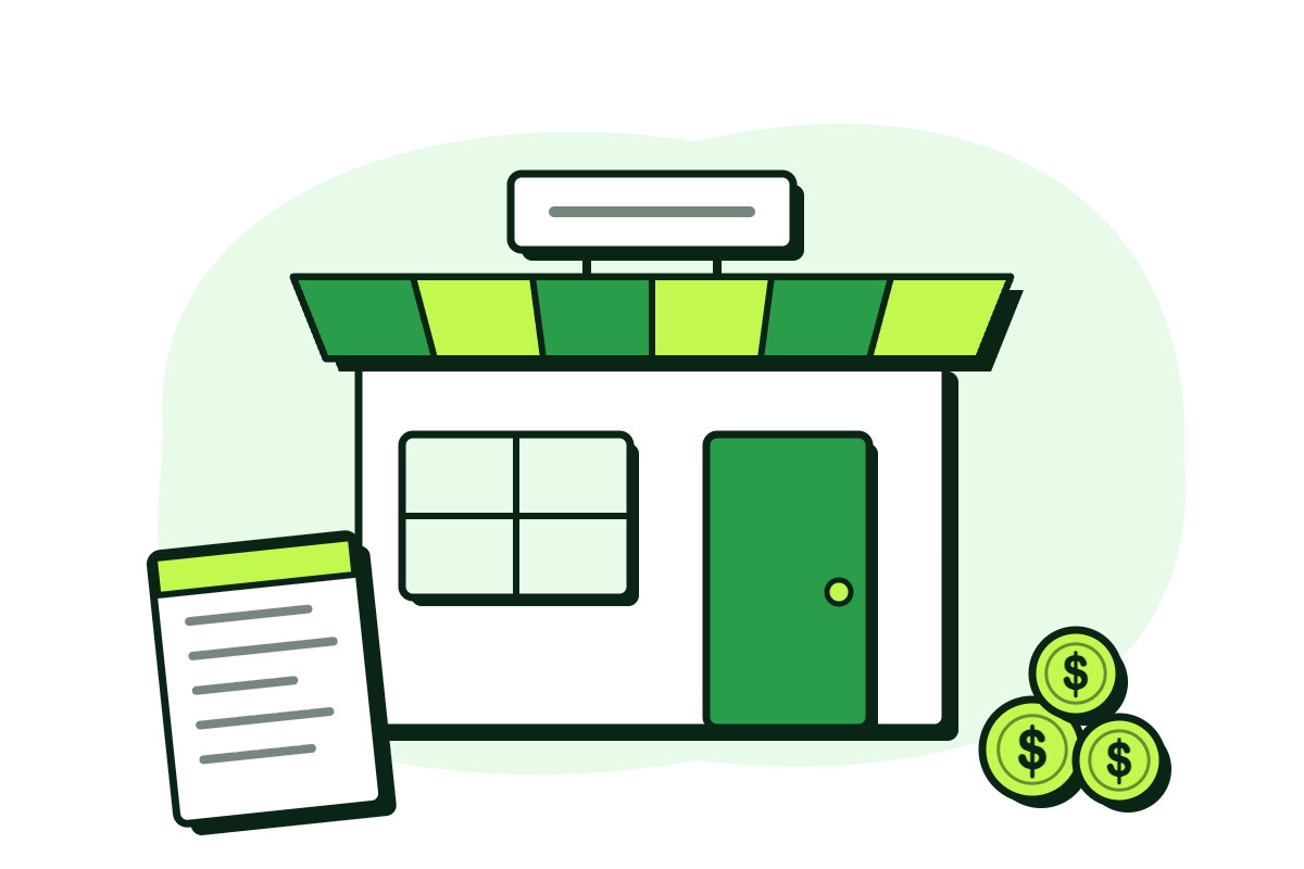 Illustration of a small storefront with a striped awning beside a bill and a stack of coins, representing business overhead expense disability insurance