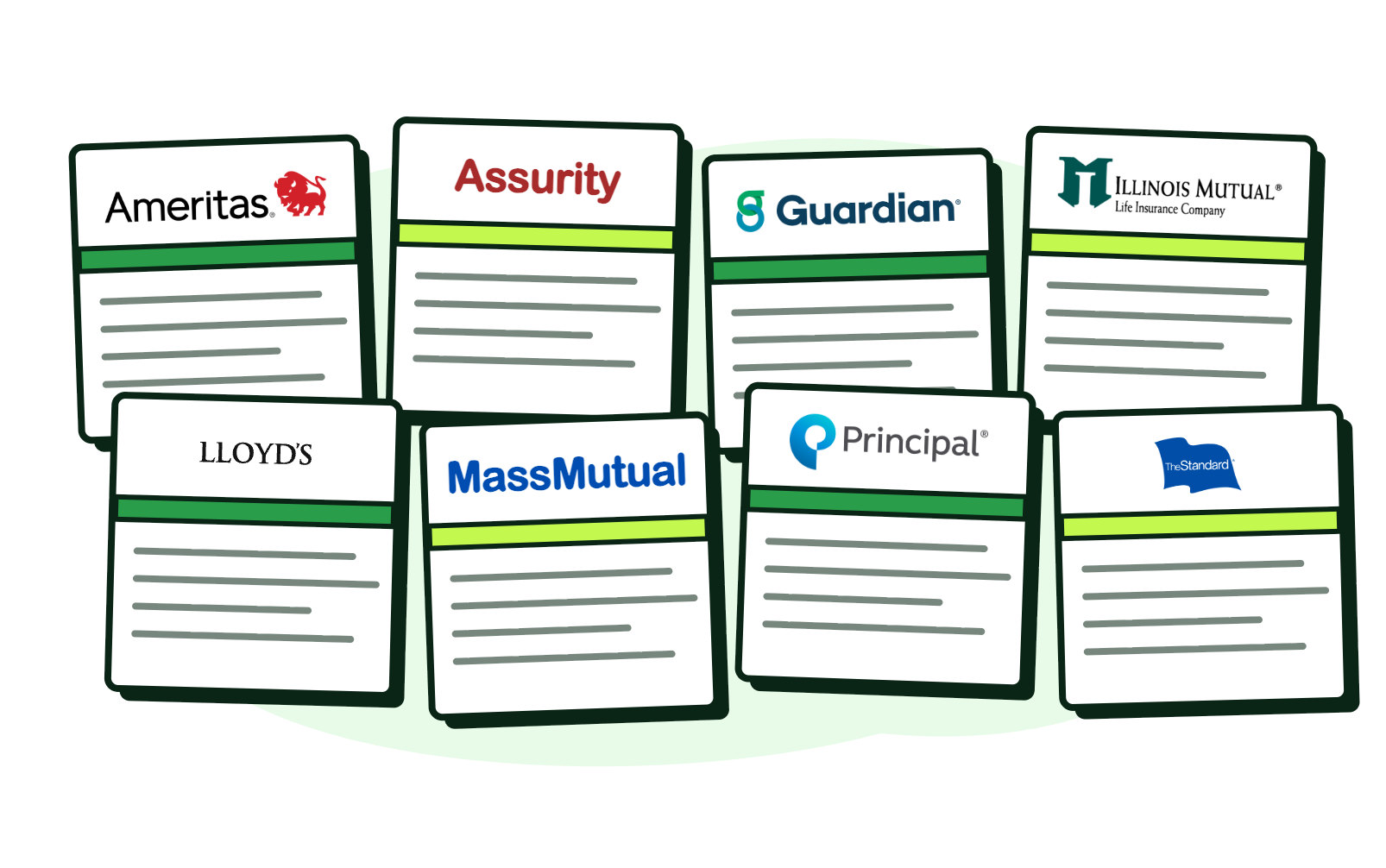 Eight individual disability insurance policy specimens fanned out as documents, each topped with a carrier name or logo, in alphabetical order: Ameritas, Assurity, Guardian, Illinois Mutual, Lloyd's, MassMutual, Principal and The Standard